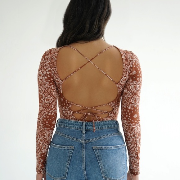 Neon Soul Brown Paisley Open Back Bodysuit Size XL Long Sleeve Boho 70s Festival - Picture 2 of 14